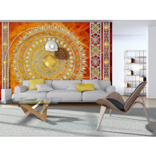 Een fotobehang van een gedetailleerde rode mandala met artistieke patronen voor een woonkamer.