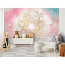 Een pastel mandala fotobehang met symmetrische elementen voor de kinderkamer.