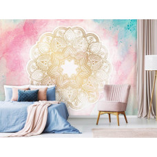 Een fotobehang met een pastel mandala en symmetrische elementen voor de slaapkamer.