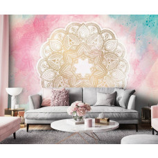 Een fotobehang van een pastel mandala met symmetrische elementen voor de woonkamer.