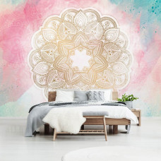 Een fotobehang met pastelkleurige mandala en symmetrische vormen voor de slaapkamer.