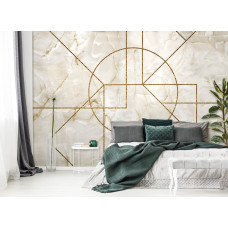 Een fotobehang met gouden geometrie op een marmerlook achtergrond, ideaal voor een slaapkamer.