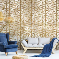 Een elegant fotobehang met een marmeren muur en gouden lijnen, perfect voor een huiskamer.