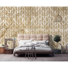 Een luxe fotobehang met een marmeren muur en gouden lijnen, ideaal voor een slaapkamer.