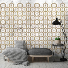 Een modern marmer-fotobehang met een combinatie van goud en marmeren patronen, geschikt voor een huiskamer.