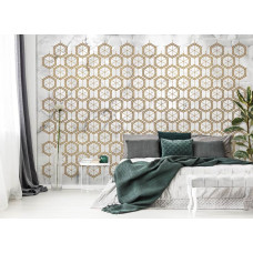 Een fotobehang met marmer en gouden versieringen in een luxe stijl, ideaal voor een slaapkamer.