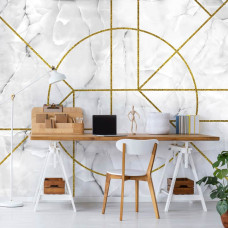 Een vliesbehang met gouden geometrische patronen en een marmerlook, ideaal voor een kantoor.
