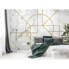 Een elegant fotobehang met gouden geometrie en een marmeren stijl, perfect voor een slaapkamer.