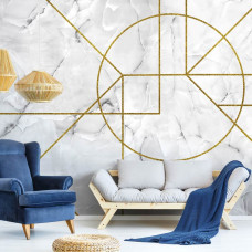Een modern vliesbehang met een combinatie van goud en marmer, geschikt voor een woonkamer.