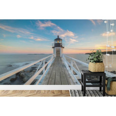 Een fotobehang met een serene scčne van Marshall Point Lighthouse en de omliggende haven, geschikt voor een keuken.
