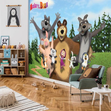 Een fotobehang van Masha en de Beer, geschikt voor de speelkamer.