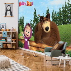 Een fotobehang met Masha en de Beer in een speels ontwerp voor de babykamer.