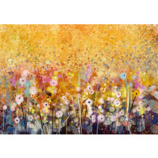 Fotobehang met een kleurrijke abstractie van een weide met bloemen in oranje tinten.