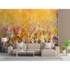 Fotobehang met een kleurrijke abstractie van een weide met bloemen in oranje tinten.