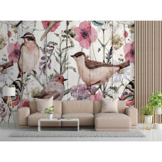 Fotobehang met vogels en vlinders in een weiland vol wilde bloemen.