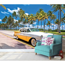 Fotobehang Miami Vibes in een hal met zonnige straat en klassieke cabrio.