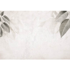 Fotobehang met een minimalistisch botanisch patroon van fijne bladeren in zachte groentinten op een lichte achtergrond.