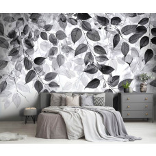 Fotobehang minimalistische bladeren in een slaapkamer met elegante grijstinten.