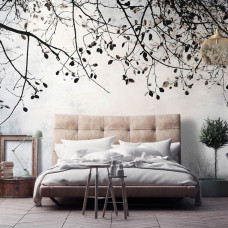 Fotobehang met eenvoudige takvormen in neutrale kleuren in een serene slaapkamer.