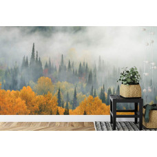 Een fotobehang met een mistig herfstbos, afgebeeld in een slaapkamer.