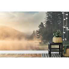 Een betoverend fotobehang van een mistig meerlandschap met bos en bergen, perfect voor een woonkamer.