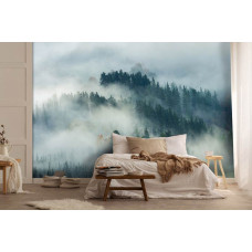 Een fotobehang met een mistig bos vol dennenbomen, perfect voor een slaapkamer.
