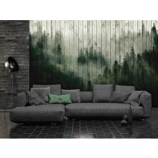Een fotobehang van een mistig bos op houten planken met natuur en bomen te zien in de slaapkamer en woonkamer.