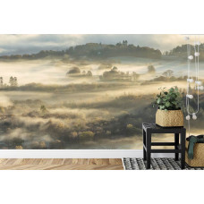 Een fotobehang met een mistig boslandschap vol natuur, ideaal voor een keuken.