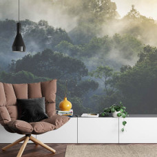Een fotobehang met een mistig bosparadijs en dichte bossen, afgebeeld in een woonkamer.