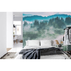 Een fotobehang met een serene mistige bosomgeving, ideaal voor een slaapkamer.