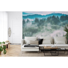 Een fotobehang met een betoverend beeld van een mistig boslandschap, perfect voor een woonkamer.