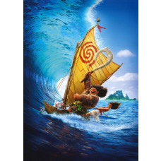 Moana fotobehang met Vaiana die de golven trotseert op een traditionele Polynesische boot, met een helderblauwe oceaan en tropische eilanden.