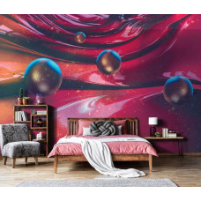 Een kleurrijk fotobehang van een modern schilderij met 3D-effect voor de slaapkamer.