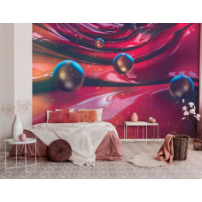 Een fotobehang van een kleurrijk modern kunstwerk geschikt voor de slaapkamer.