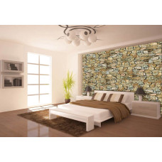 Een fotobehang van een rustieke stenen muur met moderne kunst in een keuken.