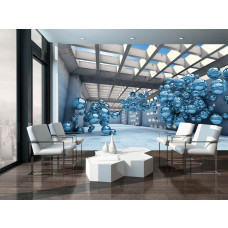 Een fotobehang met blauwe metalen ballen in een futuristische 3D-omgeving.