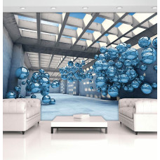 Een fotobehang met blauwe metalen ballen in een moderne 3D-ruimte, geplaatst in een woonkamer.