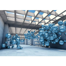 Blauwe metalen ballen, abstract weergegeven in een moderne ruimte op een stijlvol fotobehang.