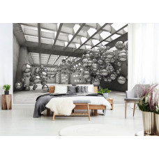Een fotobehang van een zwart-wit abstract gebouw in 3D-stijl, geschikt voor een stijlvolle slaapkamer.
