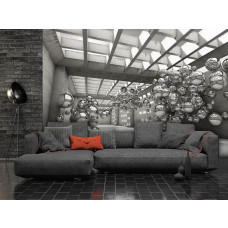Een fotobehang van een moderne 3D-ruimte met abstracte geometrie in zwart-wit, perfect voor een woonkamer.