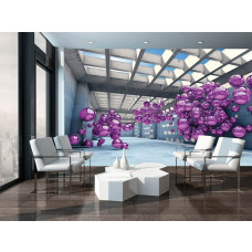 Een fotobehang met paarse metalen ballen in een 3D-ruimte, met een architectonische uitstraling van een gebouw.