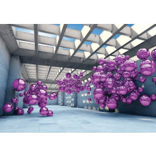 Fotobehang van een moderne ruimte met paarse metalen ballen, in een abstract en futuristisch ontwerp.