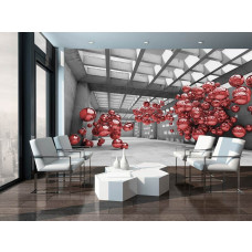Een fotobehang met rode metalen ballen in een moderne setting van een gebouw.