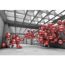 Rode metalen ballen in een moderne ruimte, fotobehang met een abstracte en futuristische uitstraling.