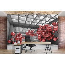 Een fotobehang met rode metalen ballen in een 3D-ruimte, passend voor een kantooromgeving.