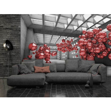 Een fotobehang met rode metalen ballen in een futuristische 3D-ruimte.