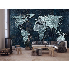 Een fotobehang met een zilveren wereldkaart voor de woonkamer.