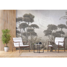 Een fotobehang met een monochrome jungle in een bedrijfsruimte, perfect om een stijlvolle en inspirerende werkomgeving met een tropisch tintje te realiseren.