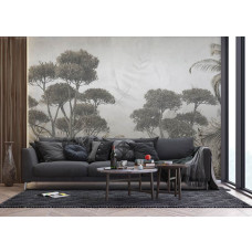 Een fotobehang met een monochrome jungle in een huiskamer, waarbij de strakke zwart-witte jungleprint zorgt voor een professionele en inspirerende uitstraling.