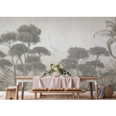 Een fotobehang met een monochrome jungle in de keuken, waar het gedetailleerde jungleontwerp een modern en verfijnd botanisch accent toevoegt.